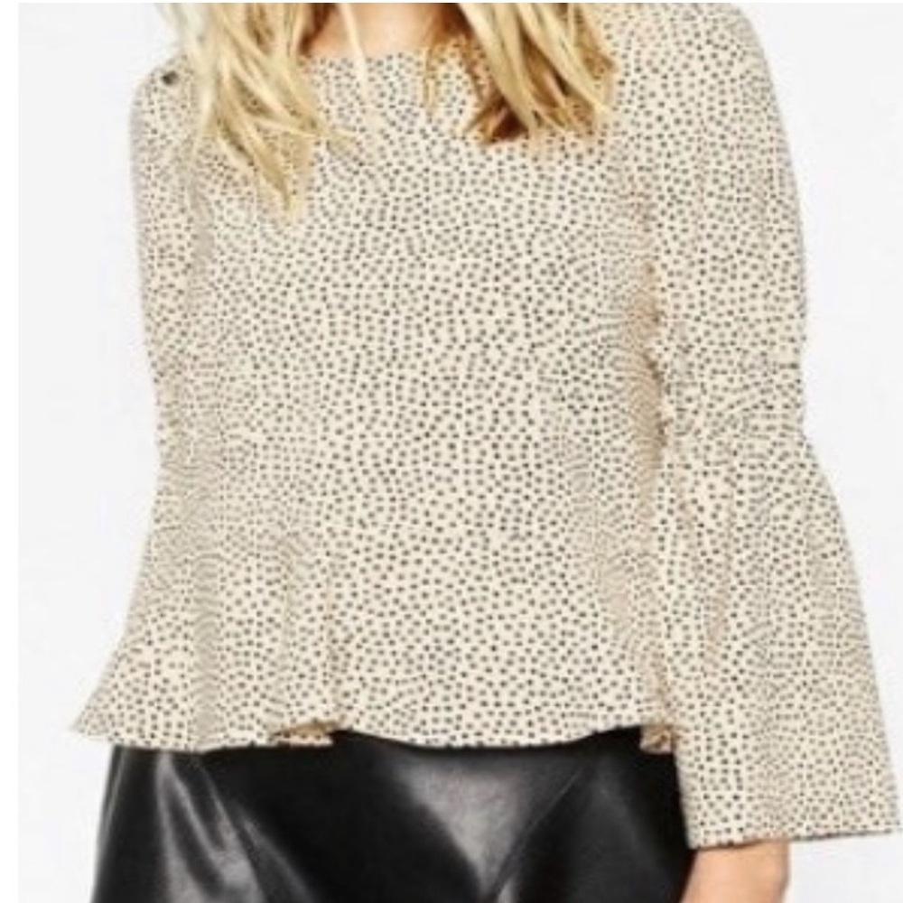 ZARA PEPLUM BELL SLEEVE TOP BLOUSE CREAM & BLACK POLKADOT FLARED SLEEVE SIZE MED